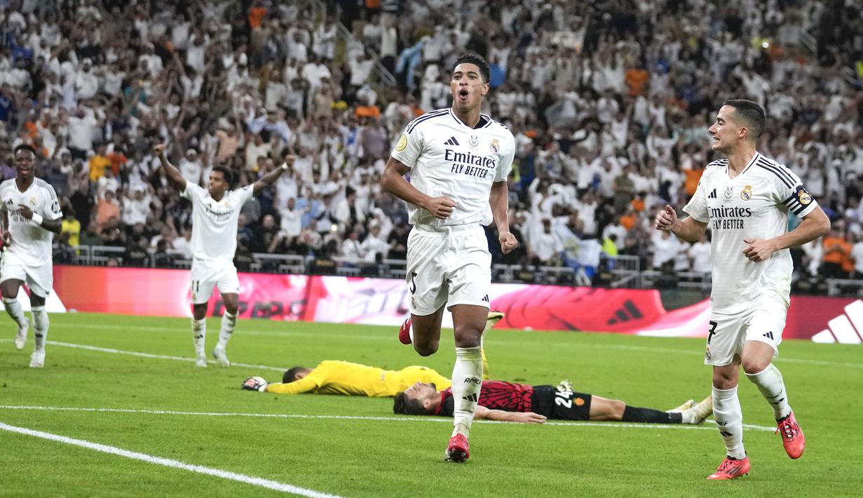 Berkat hasil ini, Real Madrid pun berhak melaju ke partai final Piala Super Spanyol untuk menghadapi sang seteru abadi, Barcelona. Duel ini rencananya bakal digelar pada Senin (13/1/2025) dini hari WIB mendatang. (AP Photo/Altaf Qadri)