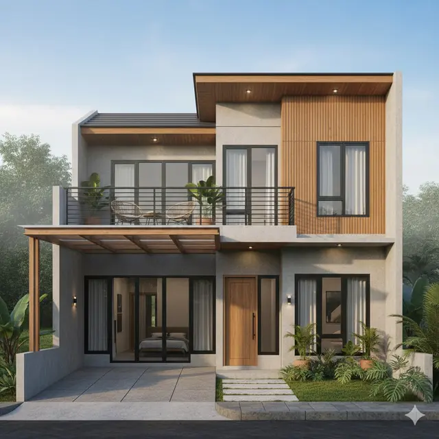Model Rumah 6x12 Atap Datar dengan Balkon Atas