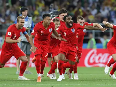 Para pemain Inggris merayakan kemenangan atas Kolombia pada babak 16 besar Piala Dunia di Stadion Spartak, Moskow, Selasa (3/7/2018). Inggris menang 1-1 (4-3) atas Kolombia. (AP/Ricardo Mazalan)