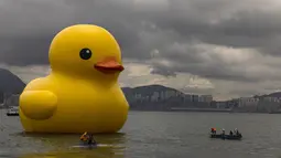 Dua bebek tiup raksasa membuat heboh Pelabuhan Victoria Hong Kong pada hari Jumat, menandai kembalinya proyek pop-art yang memicu kehebohan di kota tersebut satu dekade lalu. (AP Photo/Louise Delmotte)