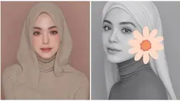 Tak mau ketinggalan, Vebby Palwinta juga ikut tren filter AI Korea. Netizen memuji jika ibu dua anak ini sangat cantik barbie. Ada yang menyebut Vebby Palwinta makin cantik, namun tak sedikit yang menyebut jika wajah asli istri Razi Bawazier ini lebih cantik. Ikut tren tanpa pamer rambut, ibu dua anak ini sampai menutupi telinganya yang masih terlihat di foto dengan stiker. (Liputan6.com/IG/@vebbypalwinta)