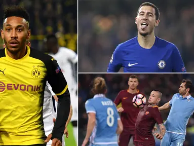 Berikut ini kabar transfer yang mewarnai sejumlah media dunia pada Selasa, (23/1/2018). Arsenal memburu striker Dortmund, Pierre-Emerick Aubameyang, Eden Hazard tolak ke Real Madrid. (Kolase foto-foto dari AFP)