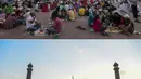 Foto kombinasi pada 5 Juni 2018 (atas) dan pada 25 April 2020  menunjukkan Masjid Jama saat bulan suci Ramadan di New Delhi. Masjid terbesar India yang selalu ramai dipenuhi Umat Muslim saat Ramadan kini sepi imbas lockdown guna menekan penyebaran virus corona (Xavier GALIANA dan Sajjad HUSSAIN/AFP)