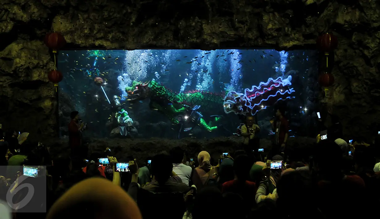 Pengunjung Wahana Seaworld Ancol melihat pertunjukan kesenian Barongsai di air saat perayaan imlek 2567, Jakarta, Senin (8/2). Atraksi barongsai ini merupakan rangkaian "Chinese Fantasy Parade" di Taman Impian Jaya Ancol. (Liputan6.com/JohanTallo)