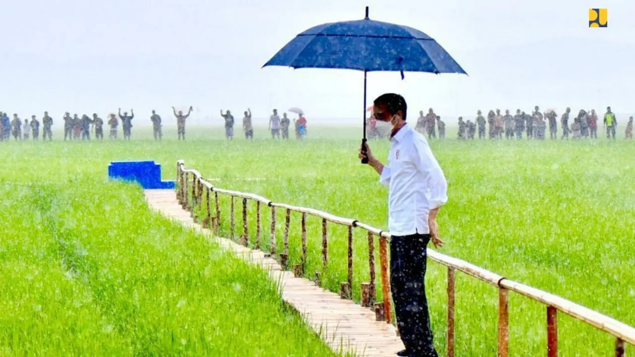 Presiden Jokowi bersama Menteri Pekerjaan Umum dan Perumahan Rakyat (PUPR) Basuki Hadimuljono meninjau kawasan food estate di NTT
