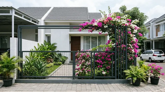 Ide Pagar Depan Rumah dari Kombinasi Besi Hollow dan Tanaman Rambat (AI Generated)