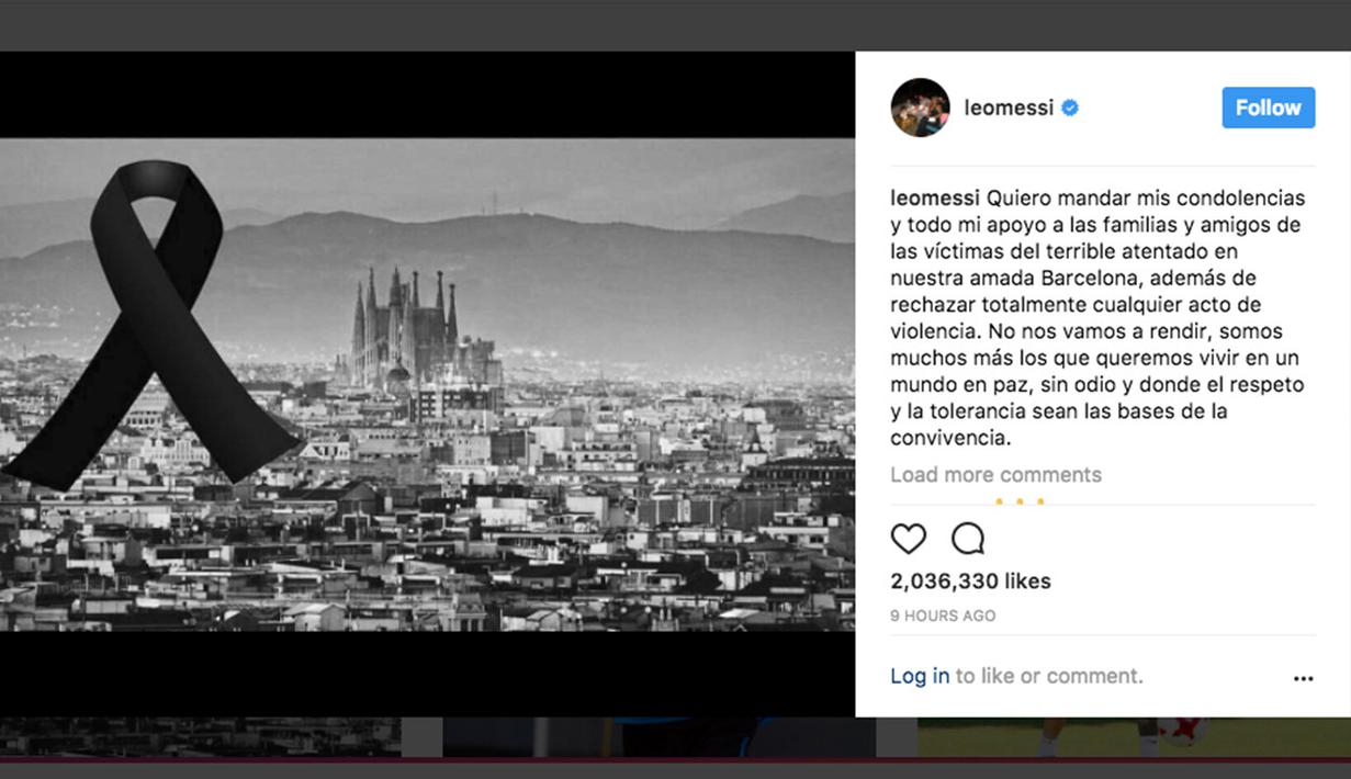 Akun Instagram milik Lionel Messi dengan gambar hati dan kota Barcelona sebagai bentuk simpatik terhadap korban teror Barcelona. (Bola.com/Instagram/Lionel Messi)