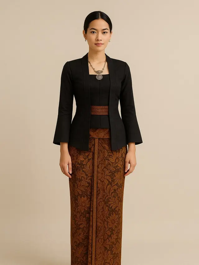 Kebaya Kutubaru Hitam dengan Angkin, Jarit, dan Selop