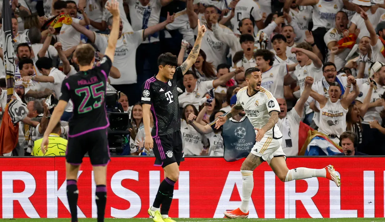 Dua gol pemain Real Madrid, Joselu membuyarkan mimpi Bayern Munchen untuk berlaga di Final Liga Champions 2023/2024. (OSCAR DEL POZO/AFP)