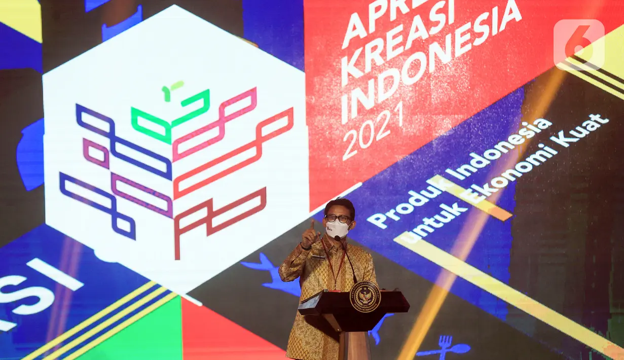 Menteri Pariwisata dan Ekonomi Kreatif Sandiaga Salahuddin Uno menyampaikan pidato saat peluncuran Apresiasi Kreasi Indonesia 2021 di Kemenparekraf, Jakarta, Jumat (28/5/2021). Apresiasi ini mewujudkan kebangkitan ekonomi di masa pandemi Covid-19. (Liputan6.com/HO/Kemenparekraf)