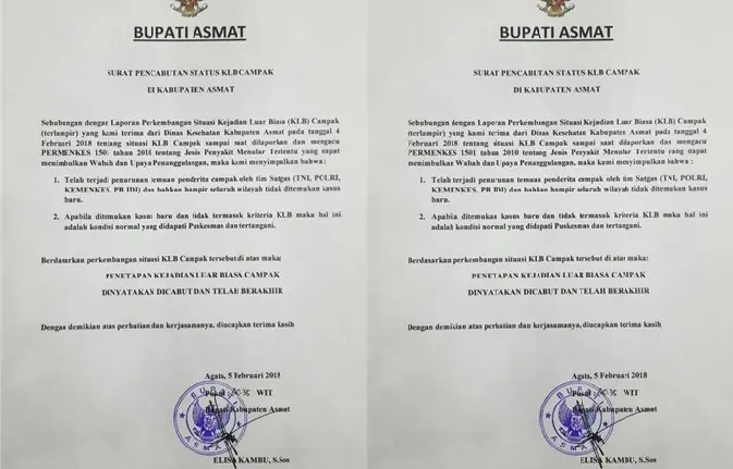 Surat Bupati Asmat soal statuspencabutan  KLB Campak di Asmat.