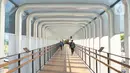 Pejalan kaki melintas di Jembatan Penyeberangan Orang (JPO) Bundaran Senayan, Jakarta, Jumat (15/11/2019). Untuk mencegah pengguna skuter listrik bermain di JPO, Dinas Bina Marga DKI menambahkan rambu larang melintas. (Liputan6.com/Immanuel Antonius)