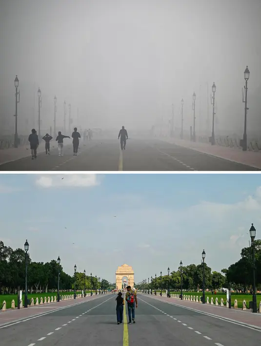 Foto Kombinasi yang dibuat pada tanggal 18 November 2024 ini menunjukkan para pejalan kaki yang berjalan di sepanjang Jalur Kartavya yang diselimuti kabut asap tebal, di dekat Gerbang India di New Delhi pada tanggal 18 November 2024 (foto atas) dan para pejalan kaki yang berjalan di bawah langit biru yang cerah di Jalur Kartavya dekat Gerbang India di New Delhi pada tanggal 26 September 2024. (Sajjad HUSSAIN/AFP)