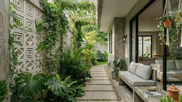 Koridor Samping Rumah dengan Dinding Roster Gemini AI