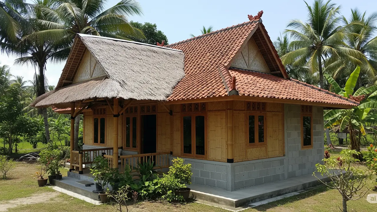 Model Rumah Sederhana dari Bambu dan Batako Dengan Kombinasi Atap Jerami dan Genteng/Ilustrasi AI