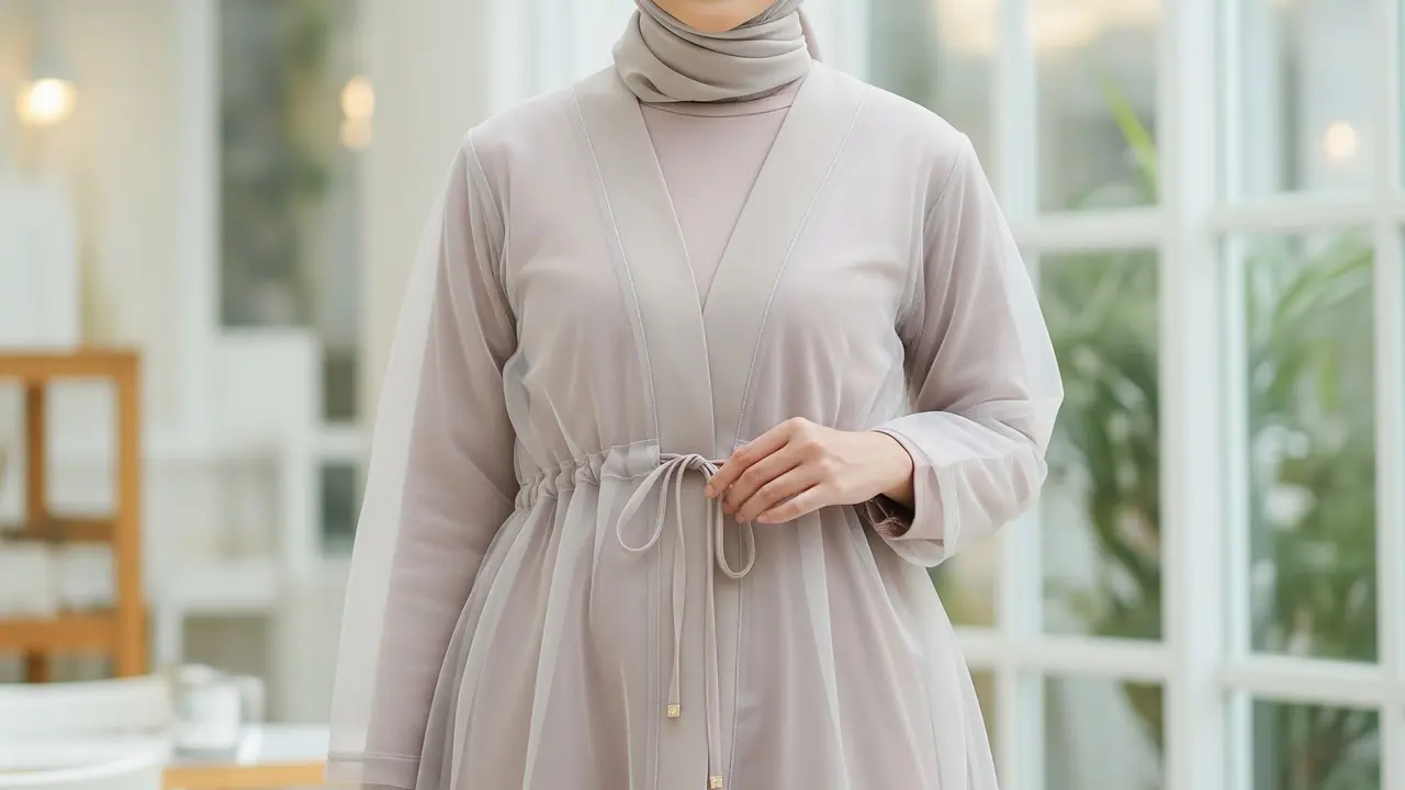 Model Gamis Outer Transparan dengan Aksen Tali Pinggang (Image by Gemini AI)