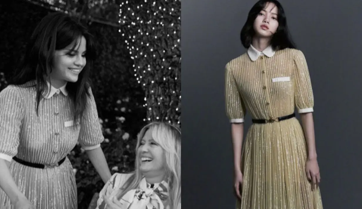Maxi dress dari koleksi Celine's Spring 2021 juga dikenakan Lisa dan Selana. Dress tersebut gold dengan detail plisket, belt pun menjadi pemanis pakaian tersebut. Dok.Koreaboo