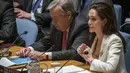 Angelina Jolie memberikan pendapat dalam rapat Dewan Keamanan PBB di New York, AS (24/4/2015). Angelina Jolie sebagai utusan PBB untuk pengungsi (UNHCR) meminta negara-negara maju untuk membantu pengungsi Suriah. (REUTERS/Lucas Jackson)