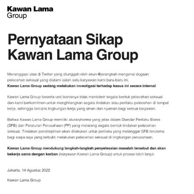 Karyawati Diduga Alami Pelecehan oleh Rekan Kerja, Kawan Lama Group Buka Suara