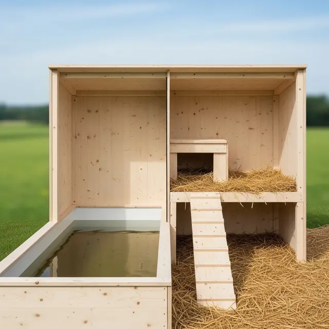 Ide Kandang Bebek dengan Area Kering dan Tempat Berendam (AI Generated)