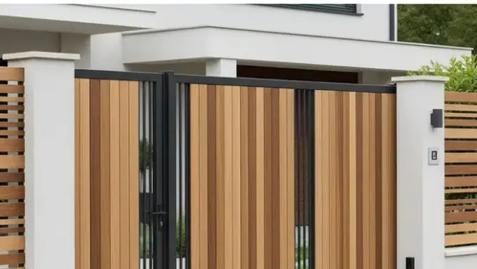Model Pagar Rumah Modern Tanpa Motif Ramai dengan Sentuhan Kayu Natural (Image by Gemini AI)