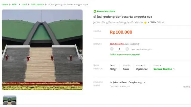 Gedung DPR Beserta Isinya Dijual di E-commerce. Dok: tangkapan layar dari laman Tokopedia