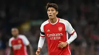 Arsenal kabarnya memasukkan nama Takehiro Tomiyasu ke daftar pinjaman klub pada bursa transfer musim dingin Januari 2024. (AFP/Paul Ellis)