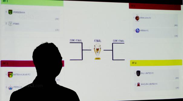 Seorang panitia melihat hasil drawing babak 8 besar Piala Presiden 2018 di Hotel Sultan, Jakarta, Rabu (31/1/2018). Pertandingan di fase 8 besar akan digelar di Stadion Manahan, Solo, 3 dan 4 Februari 2018. (Bola.com/M Iqbal Ichsan)