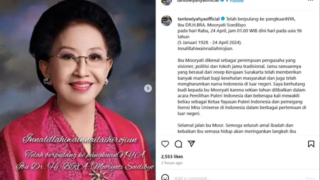 Unggahan Tantowi Yahya mengenai Mooryati Soedibyo. (Instagram/ tantowiyahyaofficial)