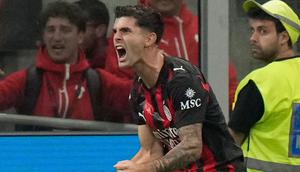 Ekspresi Christian Pulisic usai membobol gawang Napoli, Senin (29/9/2025) (AP Photo/Luca Bruno)