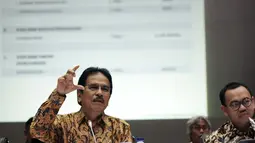 Menko Perekonomian Sofyan Djalil memaparkan penurunan BBM bersubsidi dihadapan wartawan di Gedung Menko Perekonomian, Jakarta, Rabu (31/12/2014). ( Liputan6.com/Faizal Fanani)