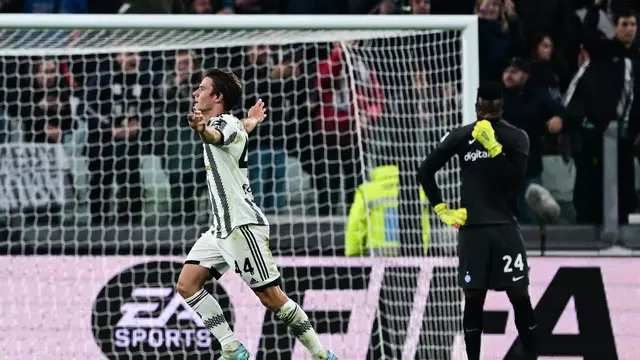 Selebrasi pemain Juventus saat Fagioli menjebol gawang Inter Milan