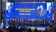 Ketua Umum Partai NasDem (Ketum Partai NasDem) Surya Paloh resmi menetapkan dan melantik pejabat pengurus DPP Partai Nasdem periode 2024-2029. (Liputan6.com/Hisyam Adyatma)