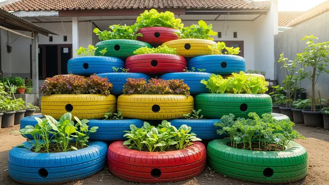 Desain Kebun Rumah Unik dari Ban Bekas untuk Halaman Kecil Model Vertikal Bertingkat