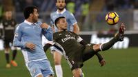Pemain AC Milan, Leonel Vangioni (kanan) mengontrol bola saat dihadang pemain Lazio, Felipe Anderson pada laga Serie A di Olympic stadium, Rome (13/2/2017). Lazio bermain imbang 1-1 dengan Milan. (AP/Gregorio Borgia)