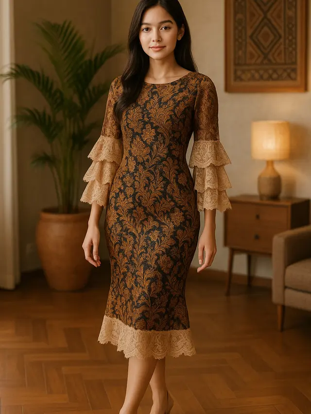 Model Batik Brokat Kombinasi Lengan Lonceng Tiga Lapis