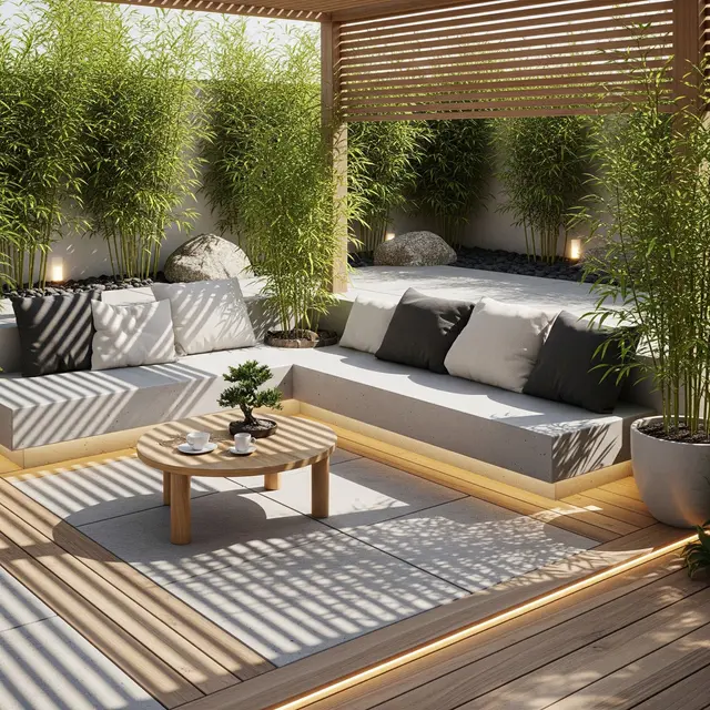 Teras Rumah dengan Bambu Jepang dan Bangku Cor (AI Generated)