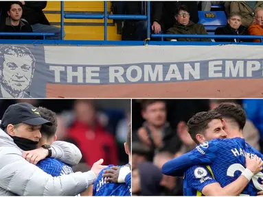 Kolase foto dari spanduk The Roman Empire (atas), pelukan Thomas Tuchel (kiri), dan pelukan Jorginho saat Chelsea mengalahkan Newcastle di Stamford Bridge, Minggu (13/3/2022). (AP Photo)