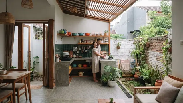Desain rumah kecil di lahan sempit dengan dapur belakang yang cocok untuk pengantin baru model belakang terbuka.