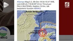 Gempa berkekuatan magnitudo 5,2 kembali menggoyang Palu, Sulawesi Tegah. Gempa terjadi pada Selasa 9 Oktober 2018 pukul 04.15 WIB dan terletak di 0.89 Lintang Selatan,119.93 Bujur Timur atau 5 km Timur Laut.