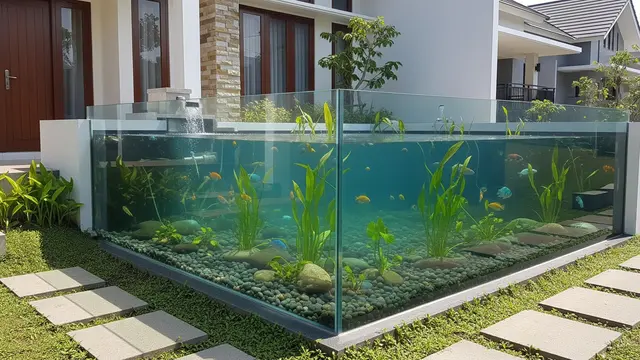 Model Kolam Ikan Kaca Minimalis Transparan Penuh di Depan Rumah