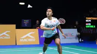 Tunggal putra Indonesia, Anthony Sinisuka Ginting, saat bertanding pada semifinal Kejuaraan Bulutangkis Asia 2023 di Sheikh Rashid Bin Hamdan Indoor Hall, Al Nasr Club, Dubai, Uni Emirat Arab, Sabtu (29/4/2023). (Bola.com/Humas PBSI)