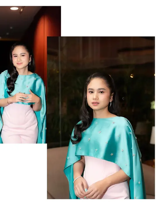 Sebagai pelengkap, Tissa memadukannya dengan cape berwarna biru pastel yang dihiasi detail embellishment berkilau.  [@robi_juniarta @snap.nuel].