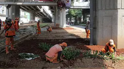 Sejumlah petugas PPSU menanam pohon di kolong Tol Becakayu, Jakarta, Kamis (12/1/2023). Pemerintah Provinsi DKI Jakarta melakukan penataan lahan melalui program penghijauan sepanjang lima kilometer di tepi saluran Kalimalang  kolong tol Bekasi Cawang Kampung Melayu (Becakayu), Jakarta Timur untuk menjaga mutu air baku Jakarta. (Liputan6.com/Faizal Fanani)