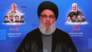 Hassan Nasrallah, pemimpin Hizbullah Lebanon, menyampaikan pidato di televisi dari lokasi yang dirahasiakan di Lebanon. (AFP/File)