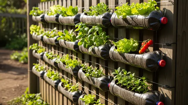Ilustrasi Desain Kebun Sayur Pocket Garden dari Botol Plastik Bekas/Gemini AI