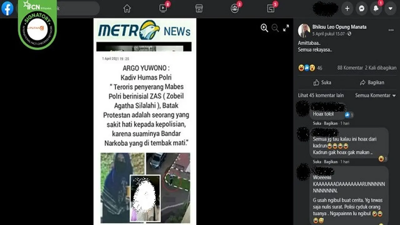 Gambar Tangkapan Layar Klaim Pelaku Penyerang Mabes Polri Seorang Istri Bandar Narkoba (sumber: Facebook)
