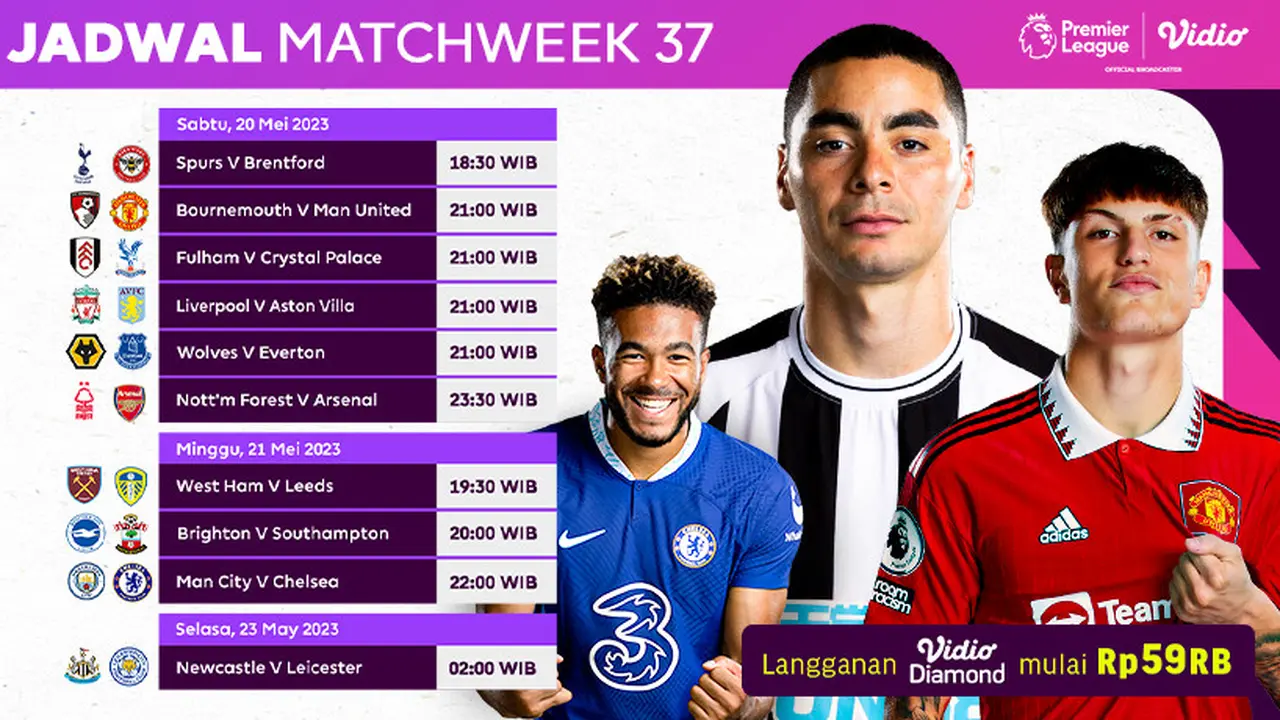 Jadwal Liga Inggris Pekan ke-37 Live Vidio 20-23 Mei 2023 : Newcastle United Vs Brighton, Man City Vs Chelsea