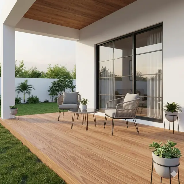 Teras terasa lapang dengan Furnitur dengan Kaki Ramping (Gemini AI)