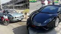 Sepasang pasangan suami istri penjual ikan menyeruduk sebuah Lamborghini berkelir hitam yang terparkir di tepi jalan di Nonthaburi, Thailand. (viral4real.com)